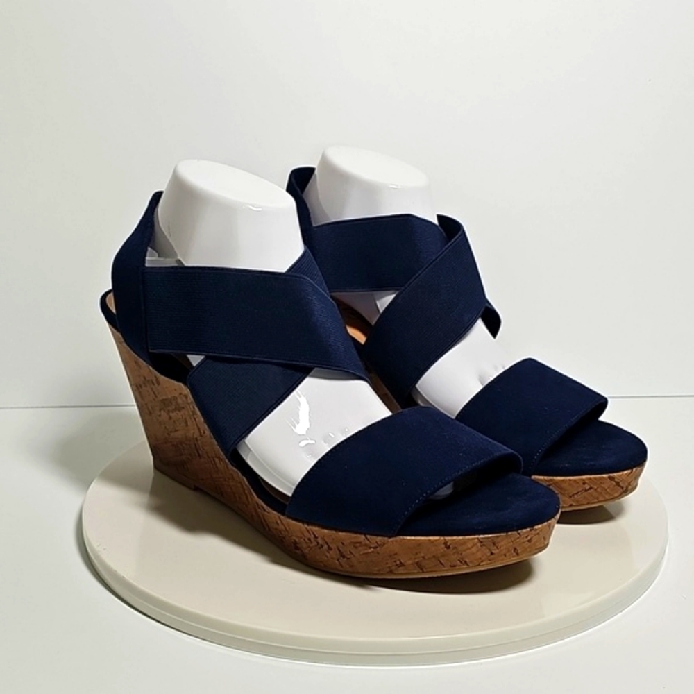 NWT American Eagle Ryan Navy Wedge Sandals Women’s 11 Open Toe Stretch Strap